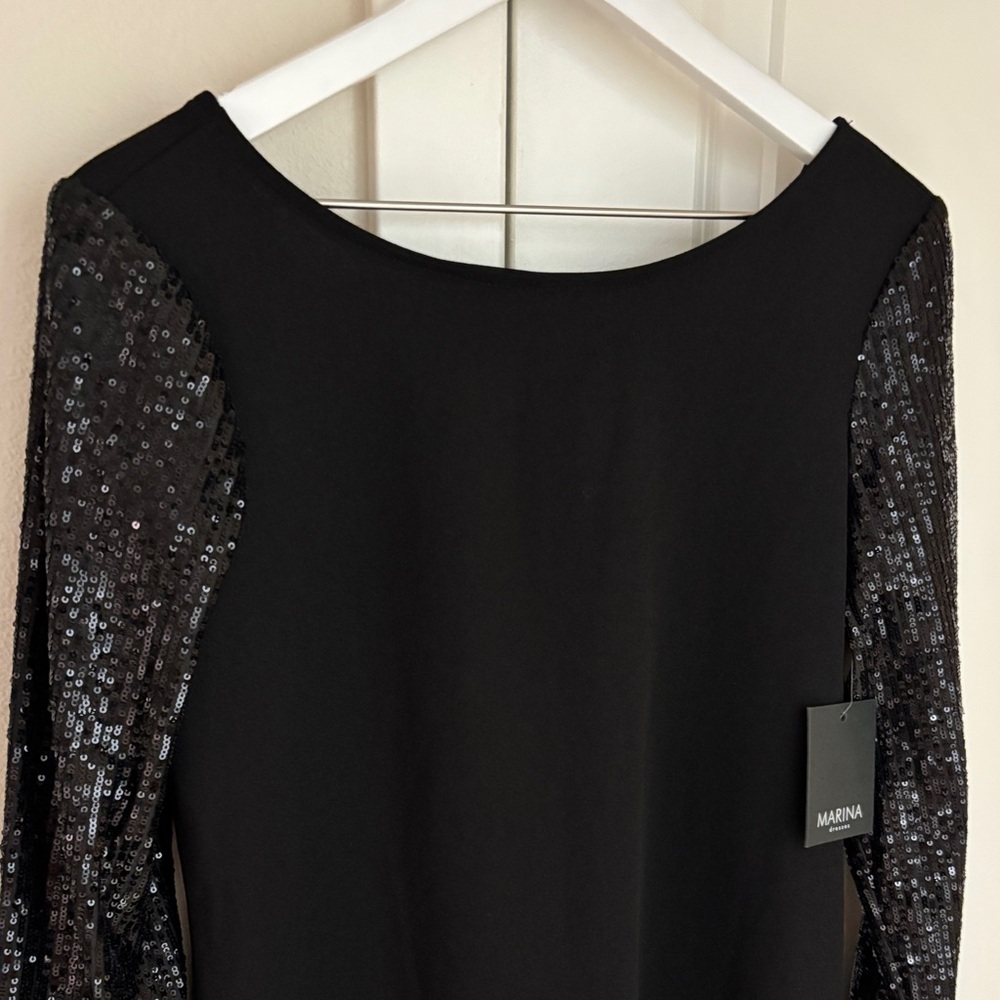 Marina Dresses Black Boatneck Midi Dress Sequin Sleeves V-Cut Back, Size 8 - Picture 2 of 8